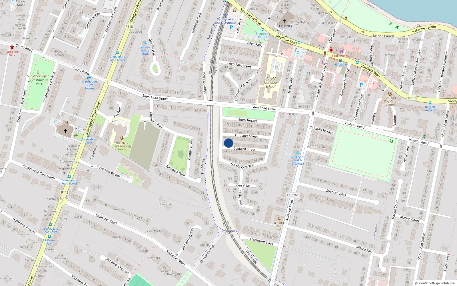 Overhead map showing the location of 29 Coldwell St, Glasthule, Dublin