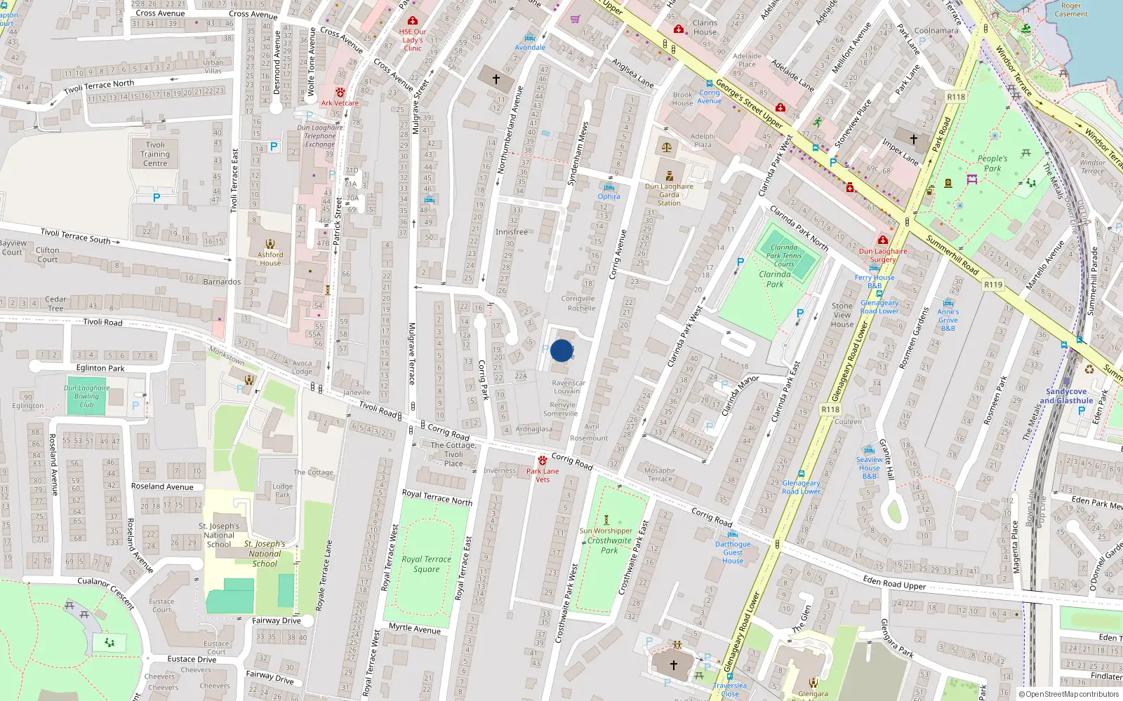 Overhead map showing the location of 29 Corrig House, Corrig Avenue, Dun Laoghaire