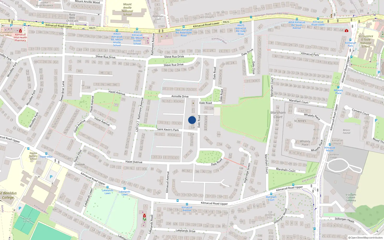 Overhead map showing the location of 29 Dale Road, Stillorgan, Dublin