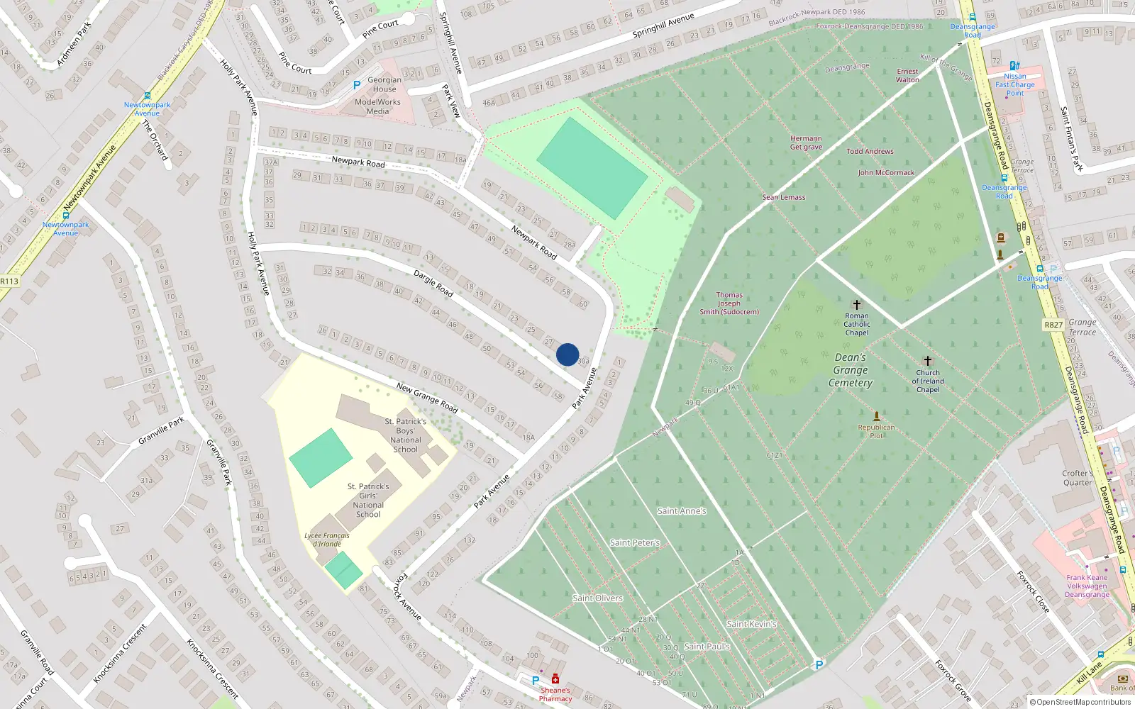 Overhead map showing the location of 29 Dargle Road, Hollypark, Blackrock