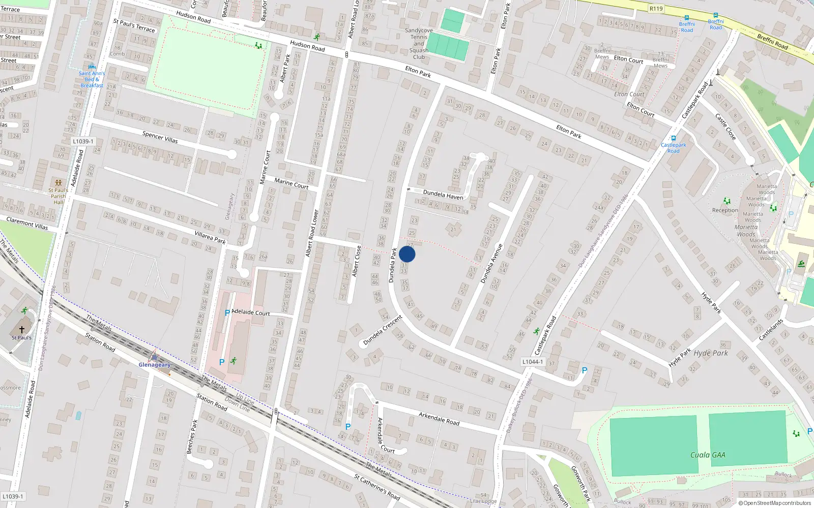 Overhead map showing the location of 29 Dundela Park, Sandycove, Dublin