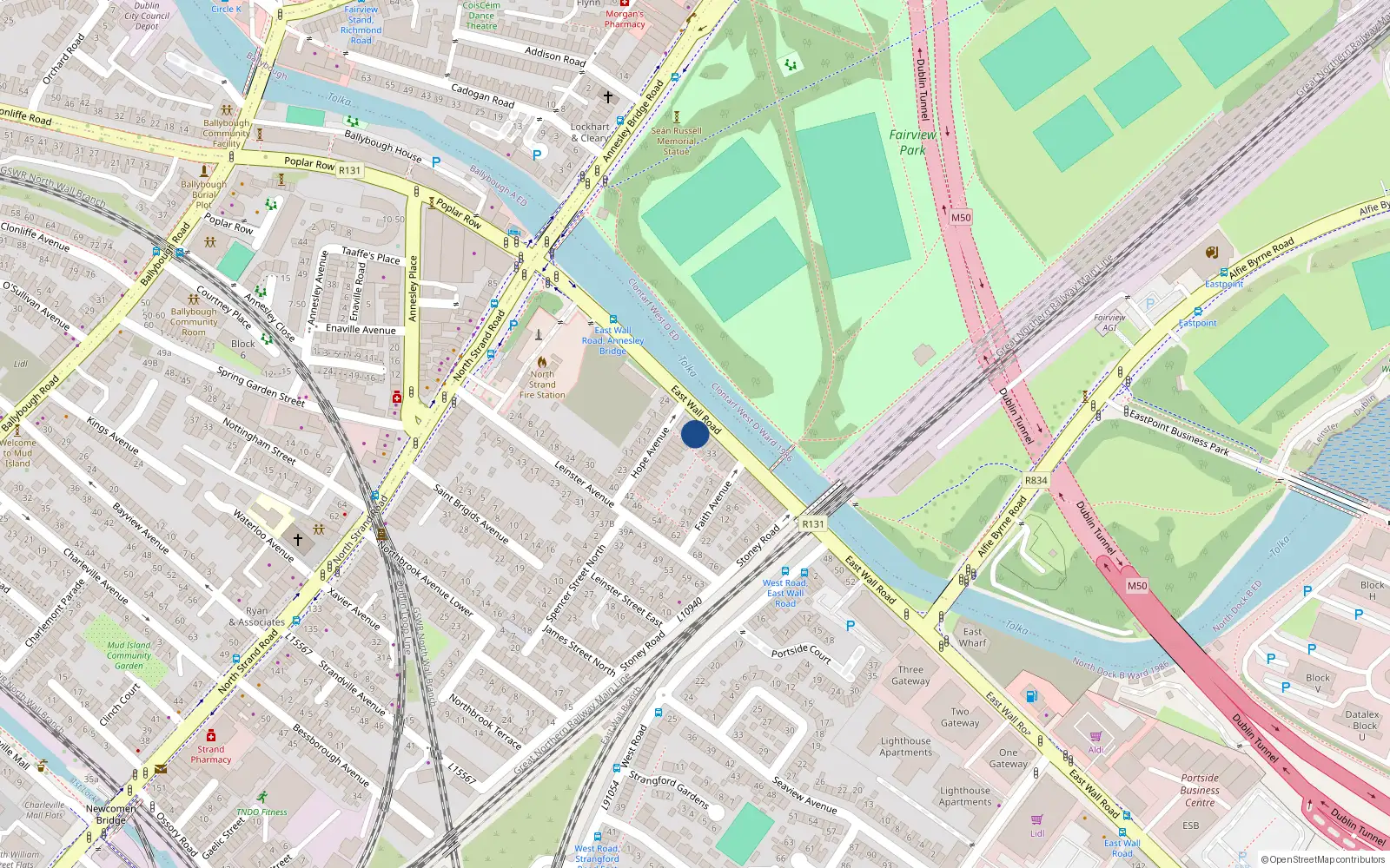 Overhead map showing the location of 29 East Wall Road, Dublin 3