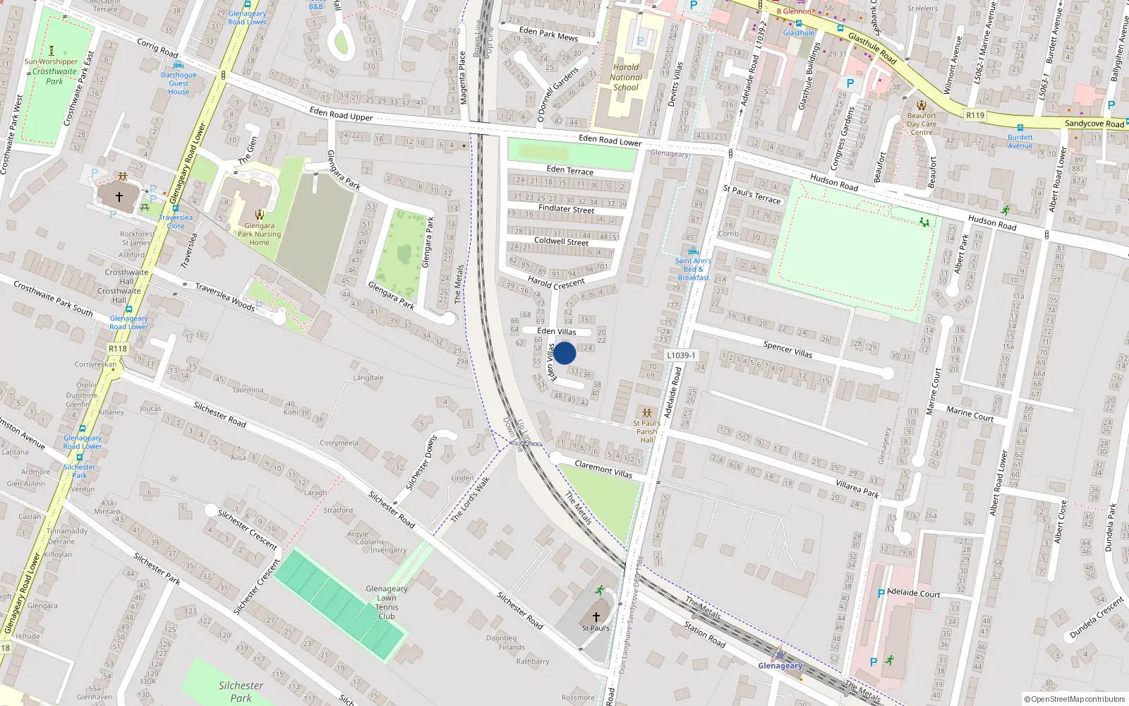 Overhead map showing the location of 29 Eden Villas, Glasthule, Dun Laoghaire