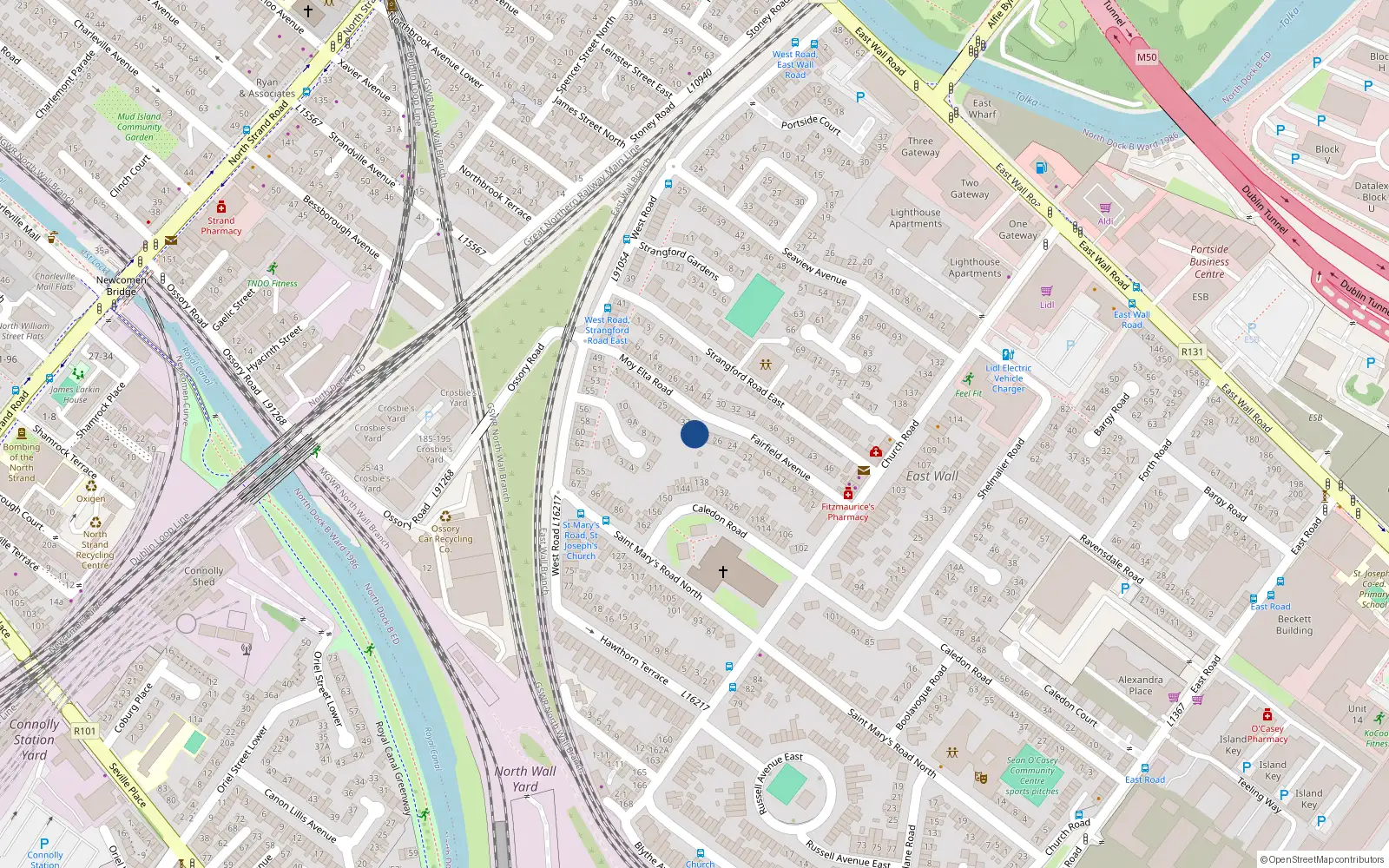 Overhead map showing the location of 29 Fairfield Avenue, East Wall, Dublin 3