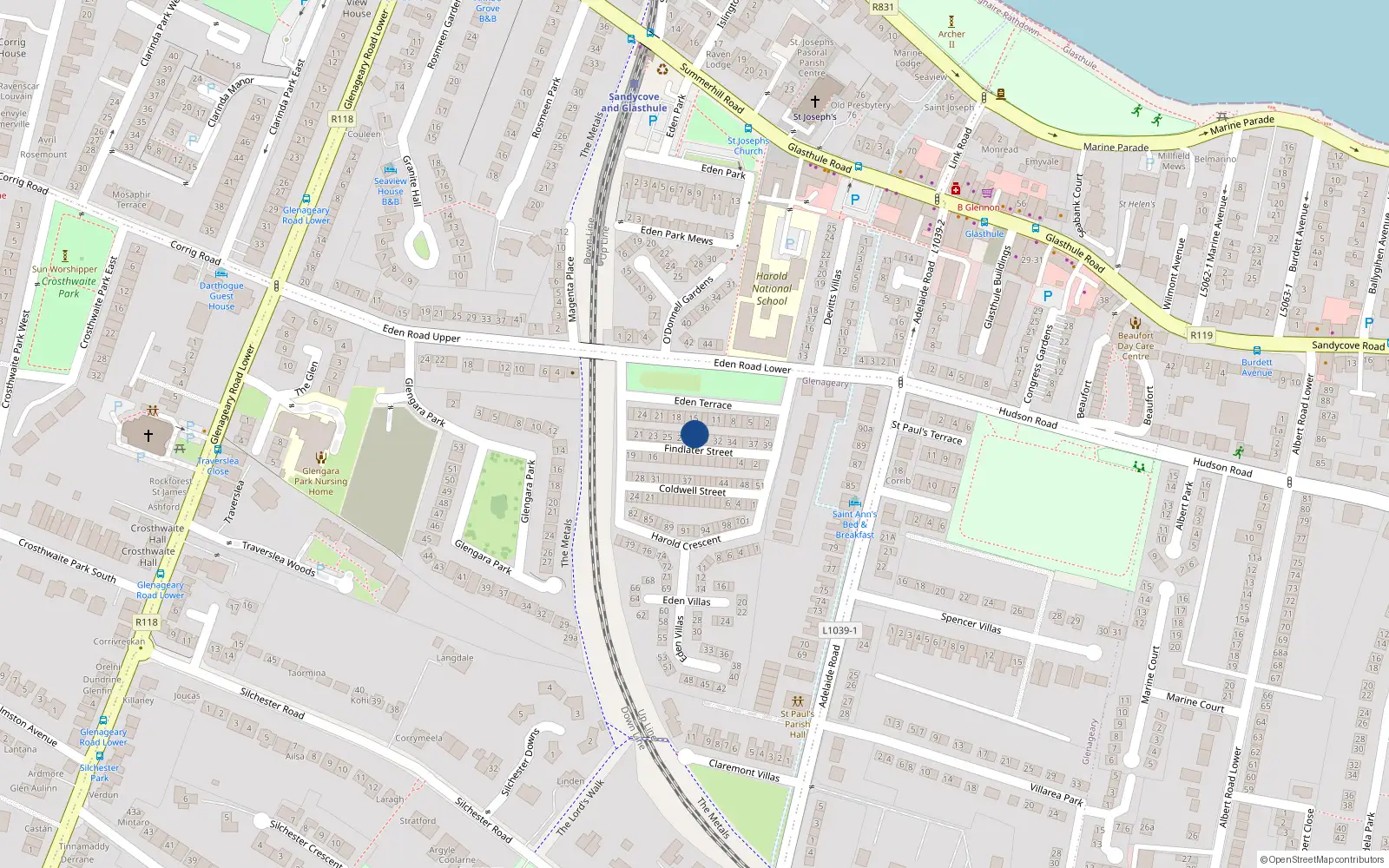 Overhead map showing the location of 29 Findlater St, Glasthule, Dublin