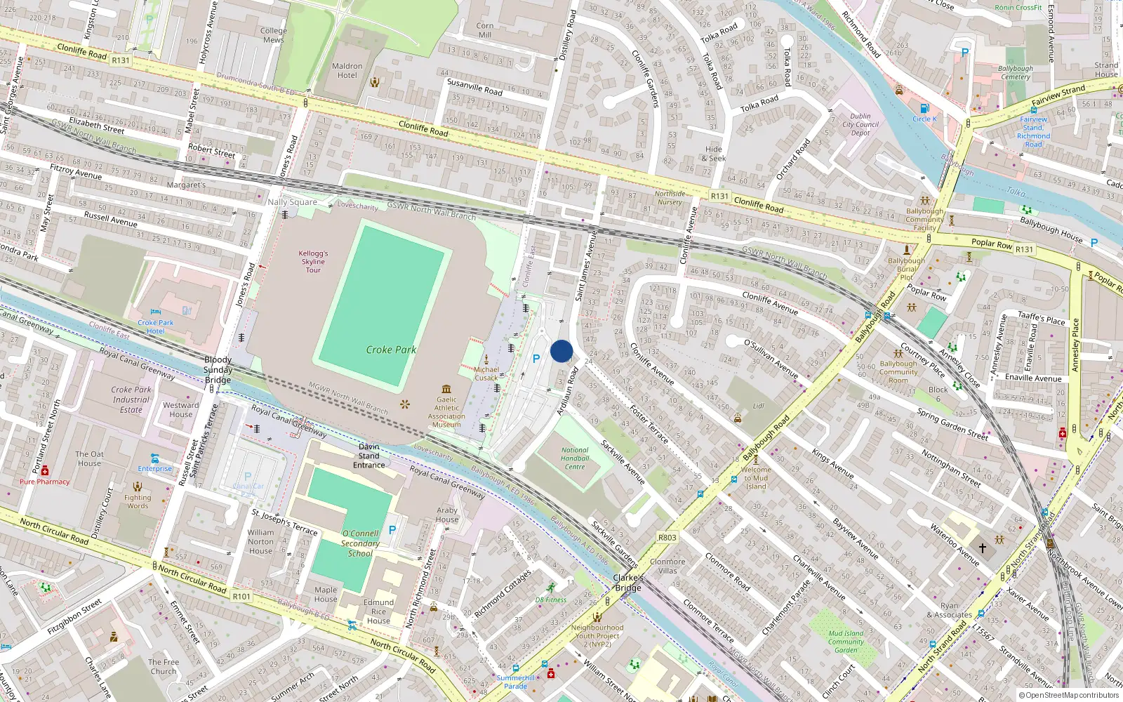 Overhead map showing the location of 29 Foster Terrace, Ballybough, Dublin 3