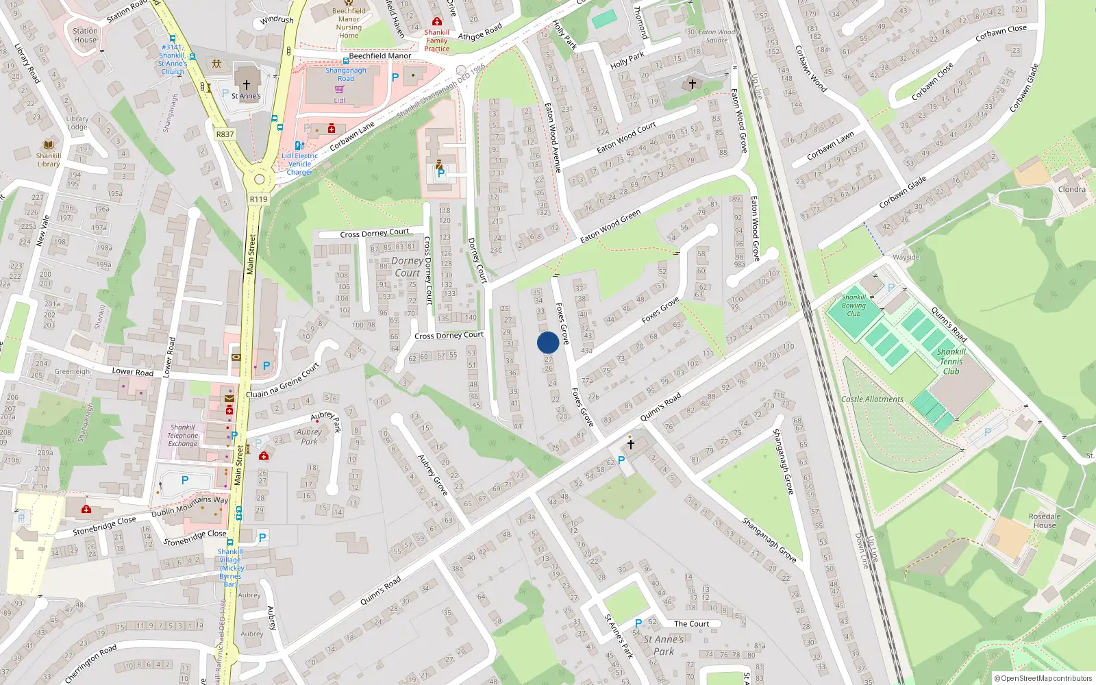 Overhead map showing the location of 29 Foxes Grove, Shankill