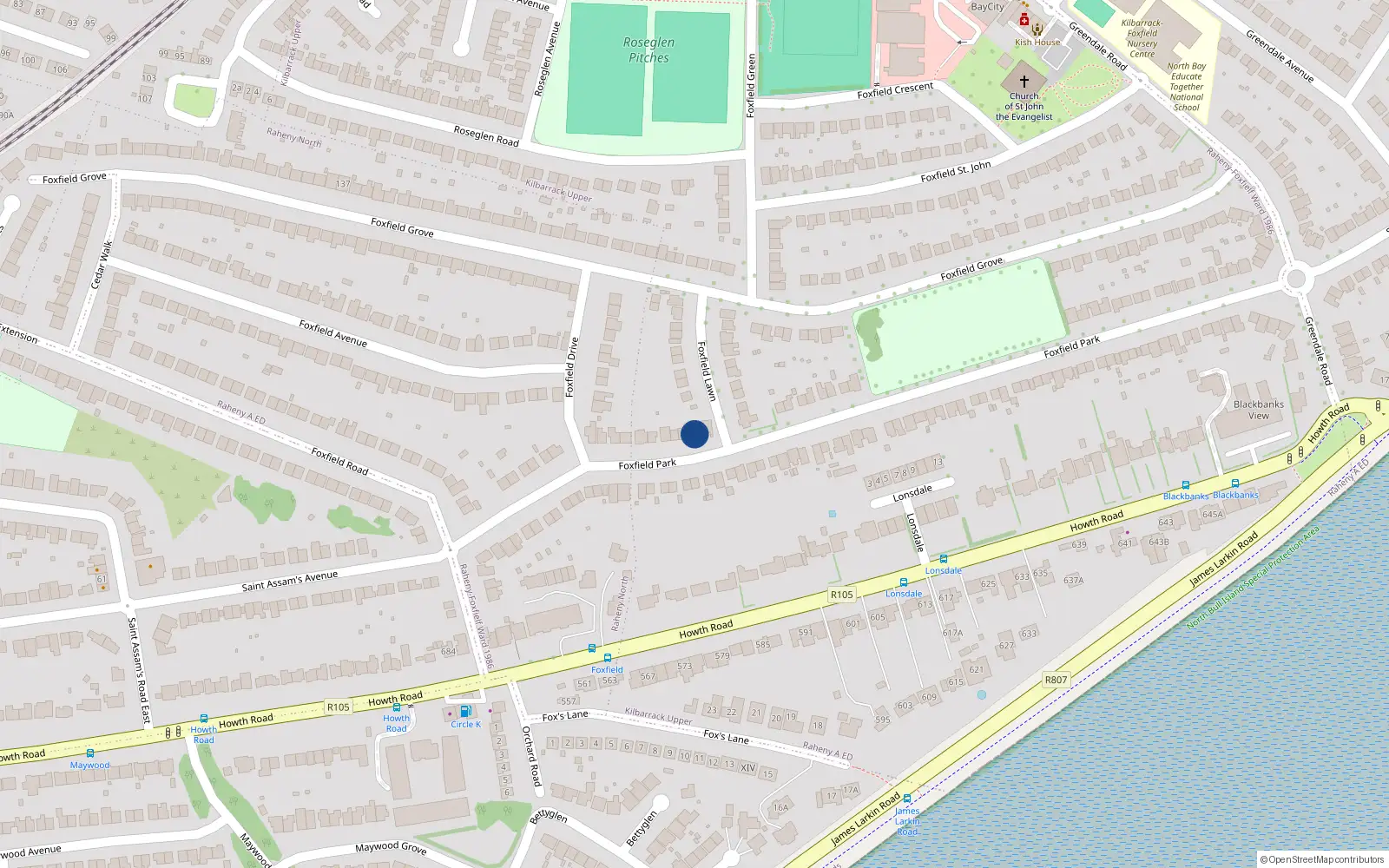 Overhead map showing the location of 29 Foxfield Park, Raheny, Dublin 5