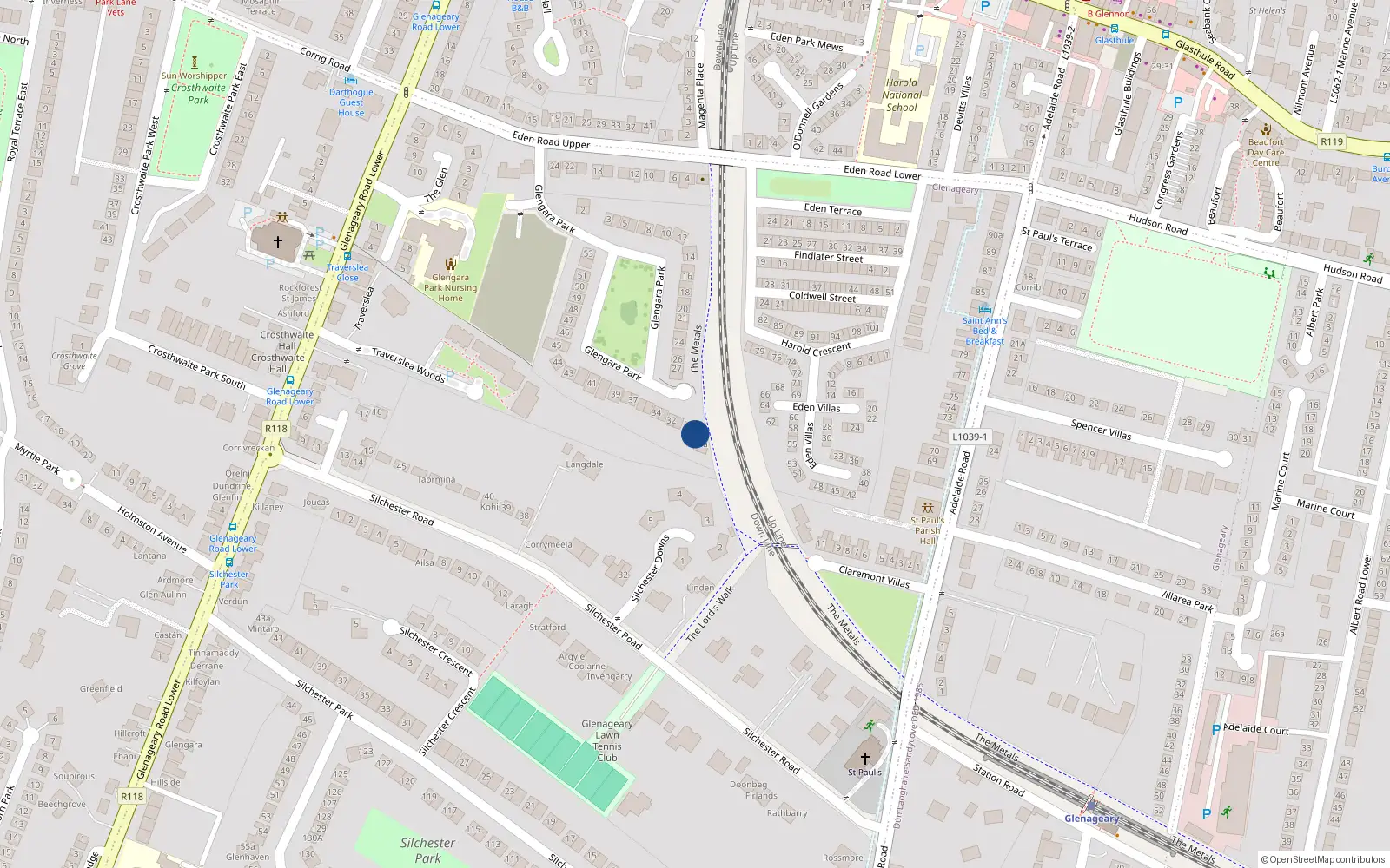 Overhead map showing the location of 29 Glengara Park, Off Eden Road, Glenageary