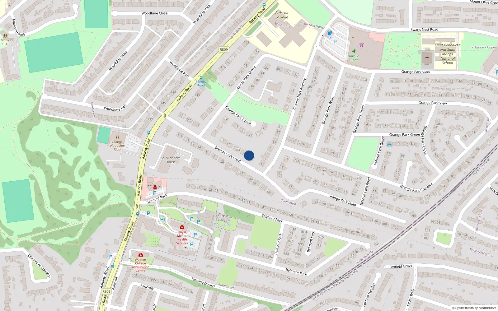 Overhead map showing the location of 29 Grange Park Road, Dublin 5