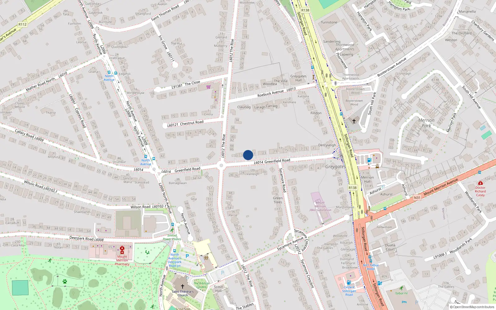 Overhead map showing the location of 29 Greenfield Road, Mount Merrion, Co Dublin