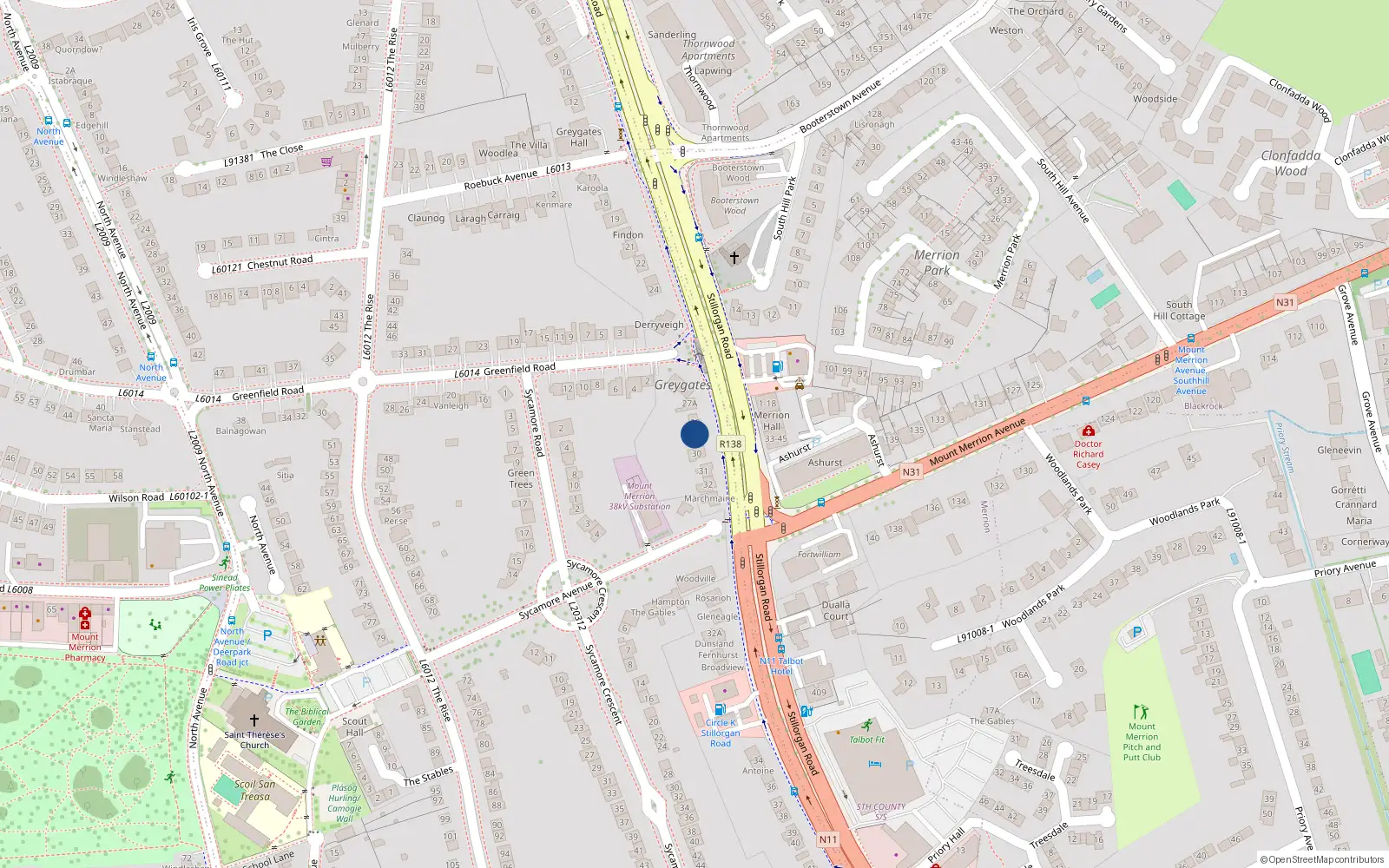 Overhead map showing the location of 29 Grey Gates, Blackrock, Dublin