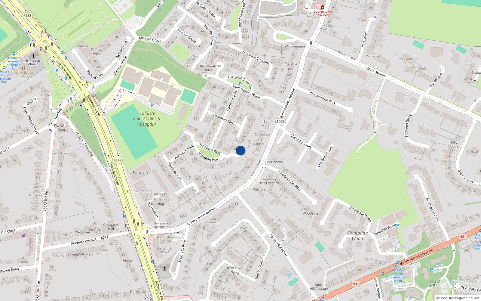 Overhead map showing the location of 29 Hampton Park, Booterstown