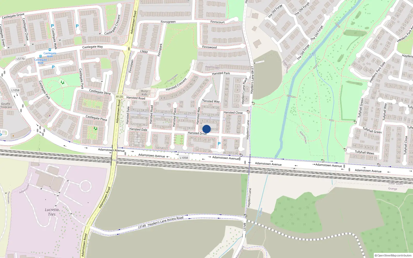 Overhead map showing the location of 29 Hansted Drive, Lucan