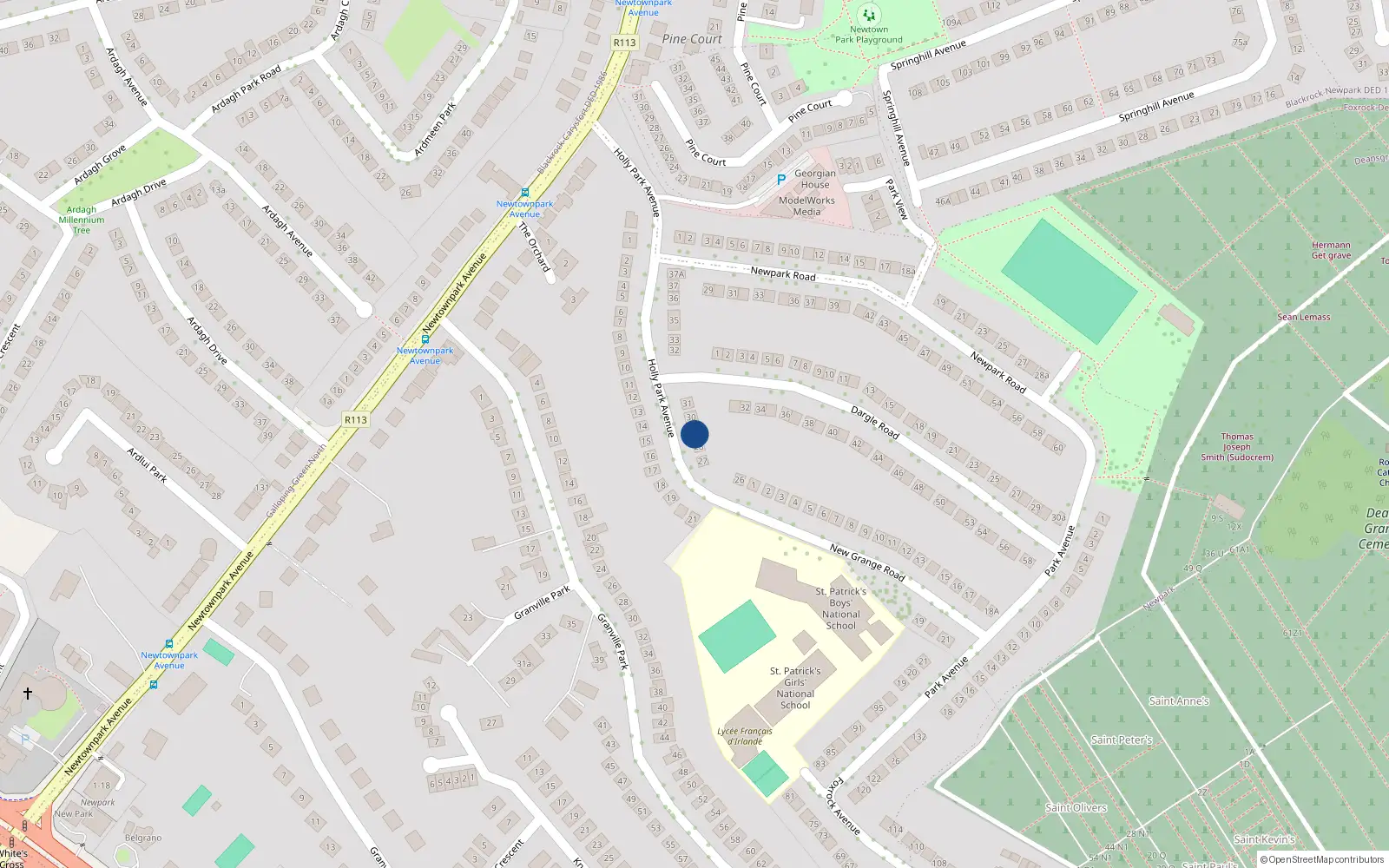 Overhead map showing the location of 29 Holly Park Avenue, Blackrock, Dublin