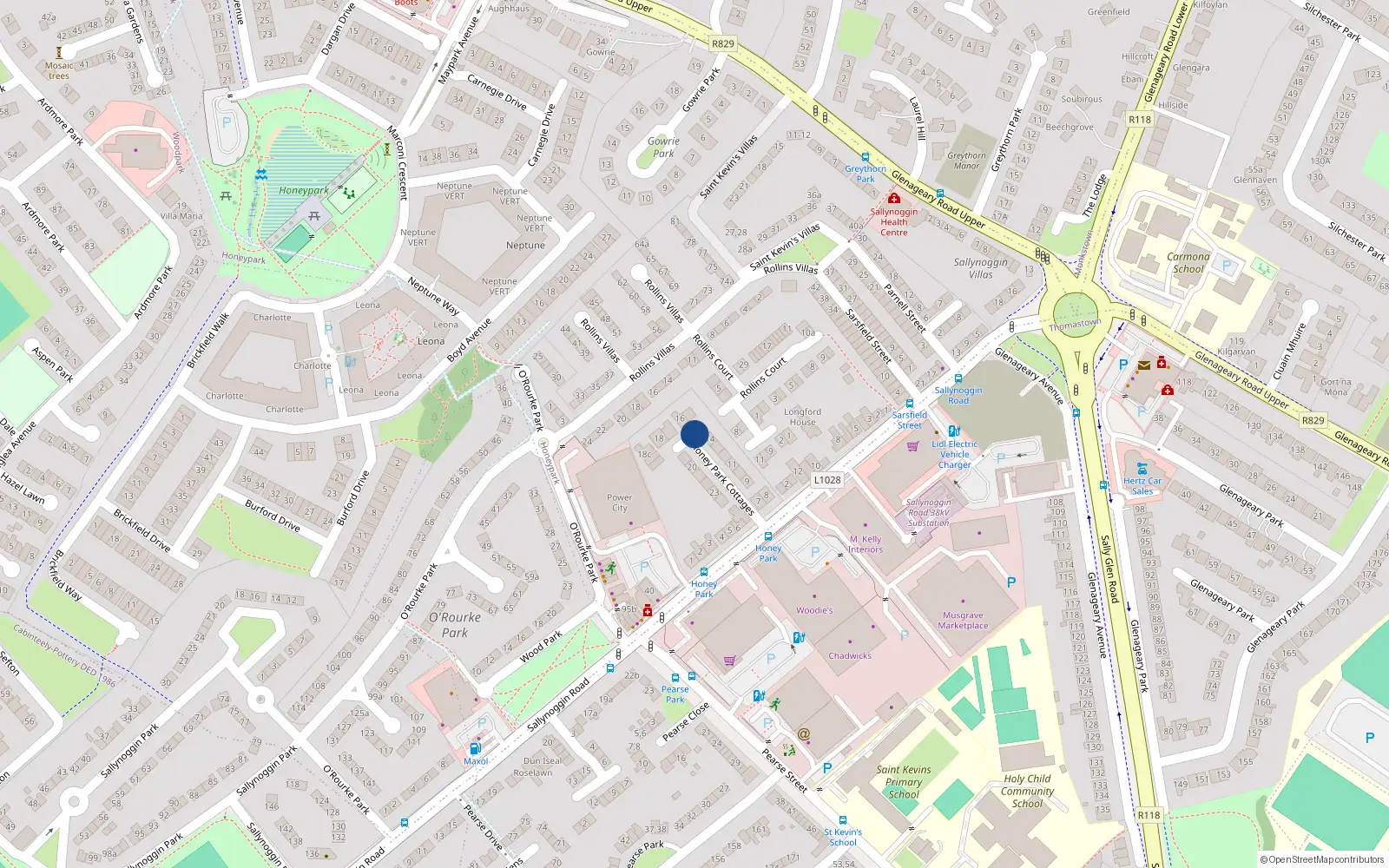 Overhead map showing the location of 29 Honey Park Cottages, Dún Laoghaire