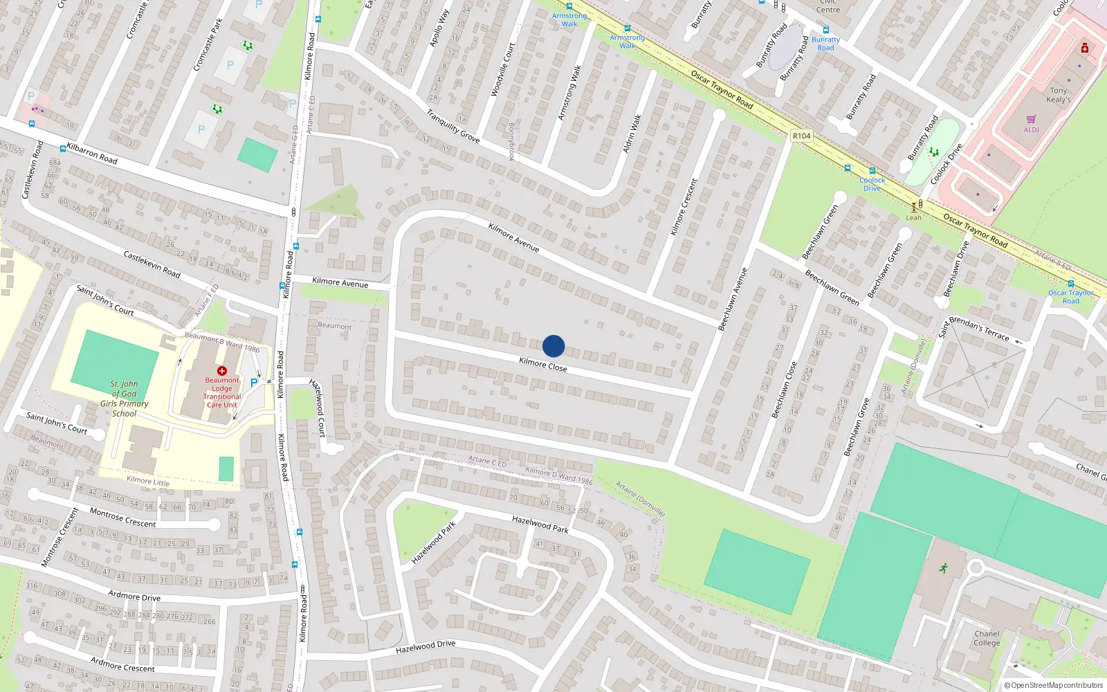 Overhead map showing the location of 29 Kilmore Close, Dublin 5
