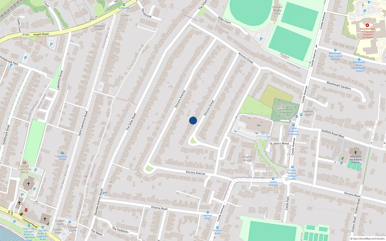 Overhead map showing the location of 29 Kincora Drive, Dublin 3