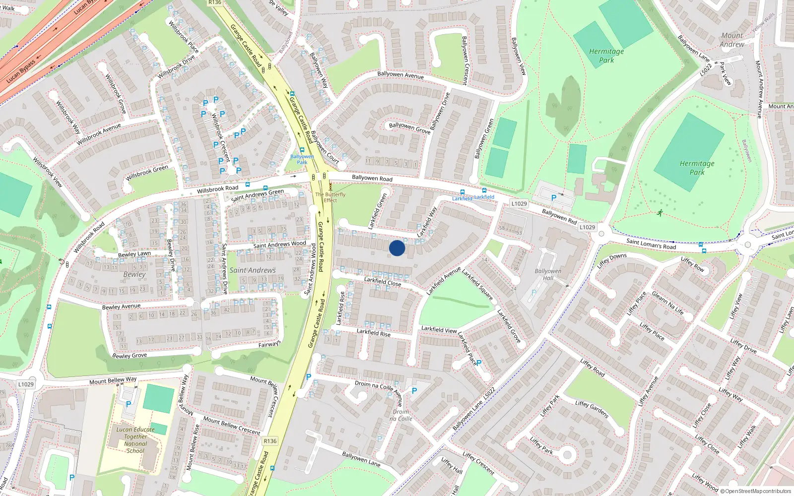 Overhead map showing the location of 29 Larkfield Way, Lucan, Dublin