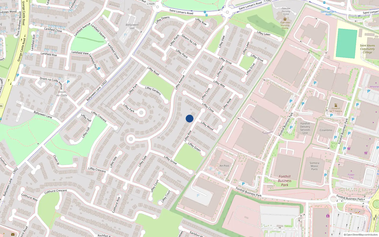 Overhead map showing the location of 29 Liffey Rise, Lucan