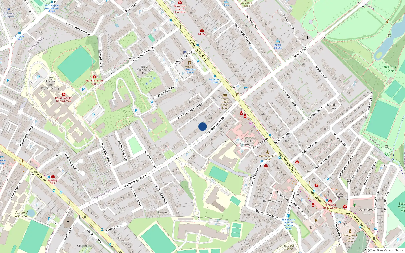 Overhead map showing the location of 29 Marlborough Road, Donnybrook