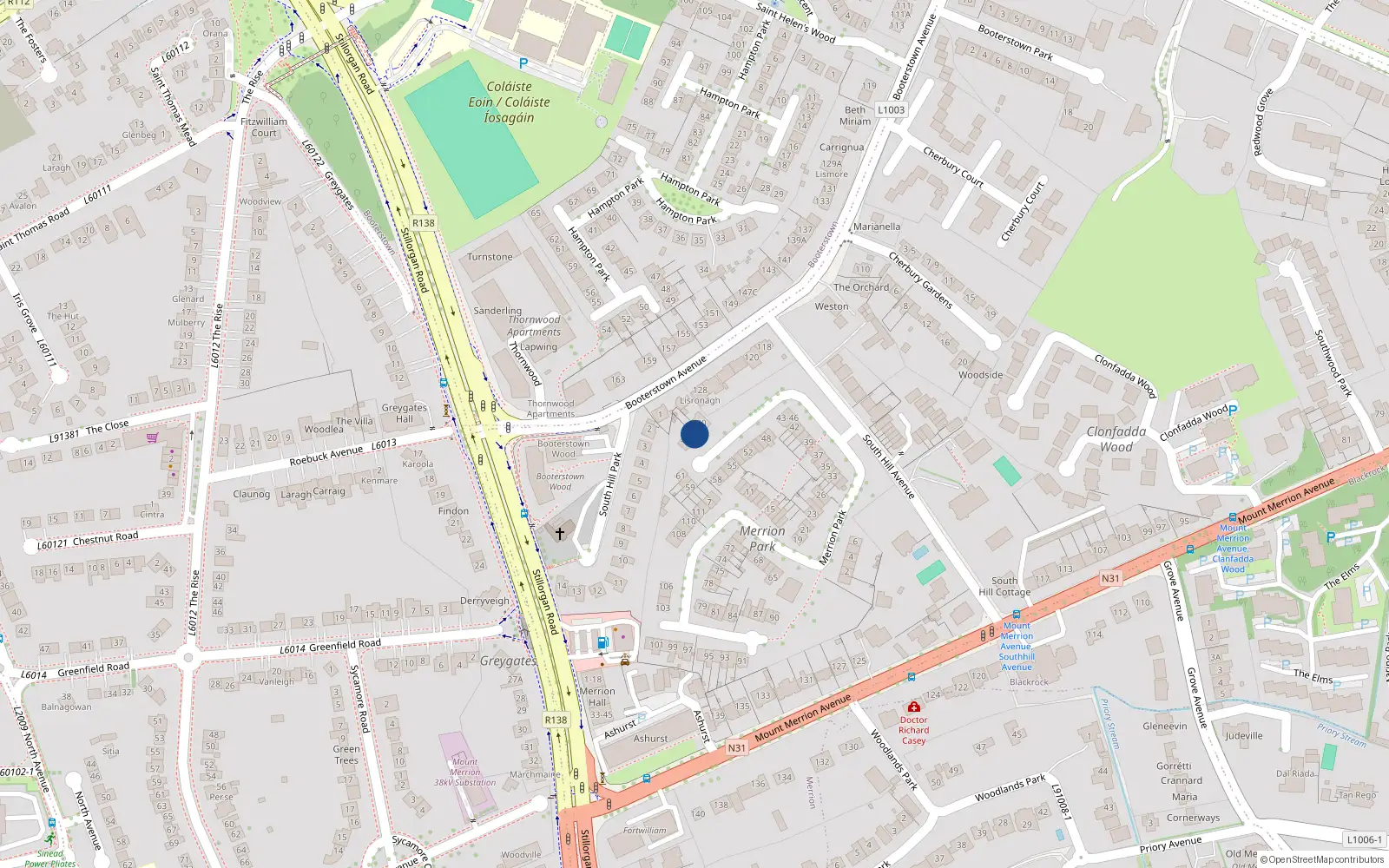 Overhead map showing the location of 29 Merrion Park, South Hill Avenue, Blackrock
