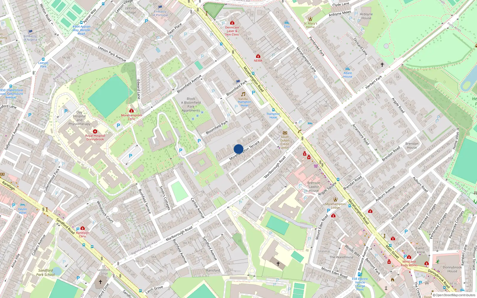 Overhead map showing the location of 29 Morehampton Terrace, Donnybrook