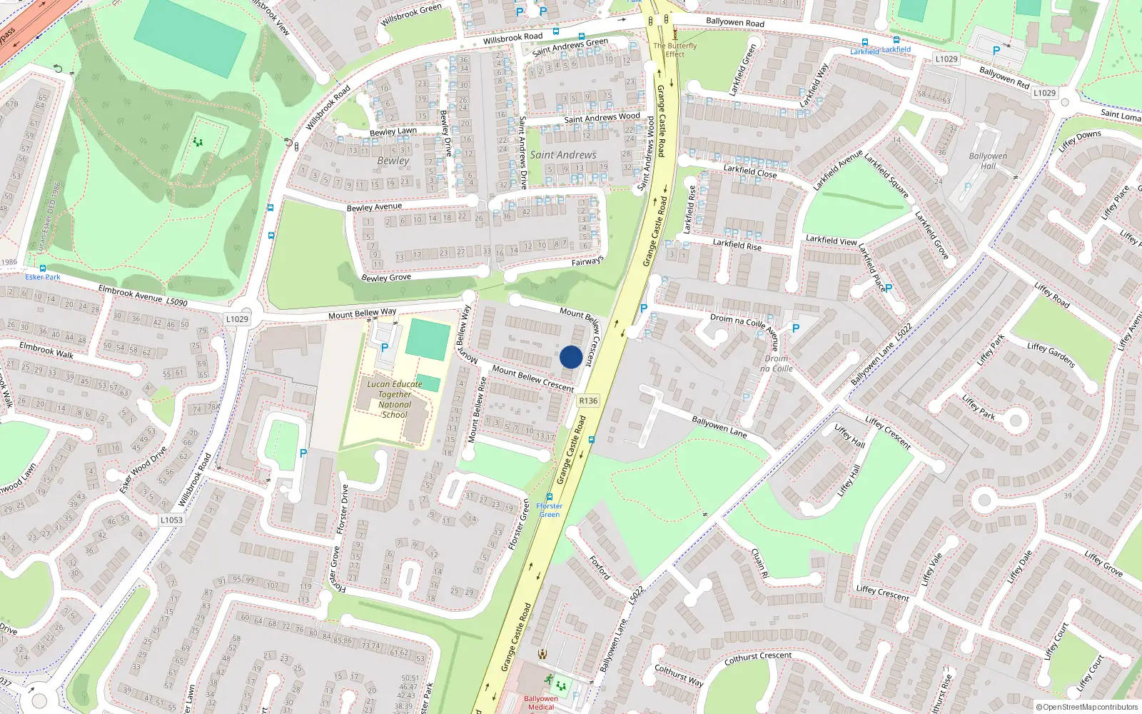 Overhead map showing the location of 29 Mount Bellew Crescent, Lucan