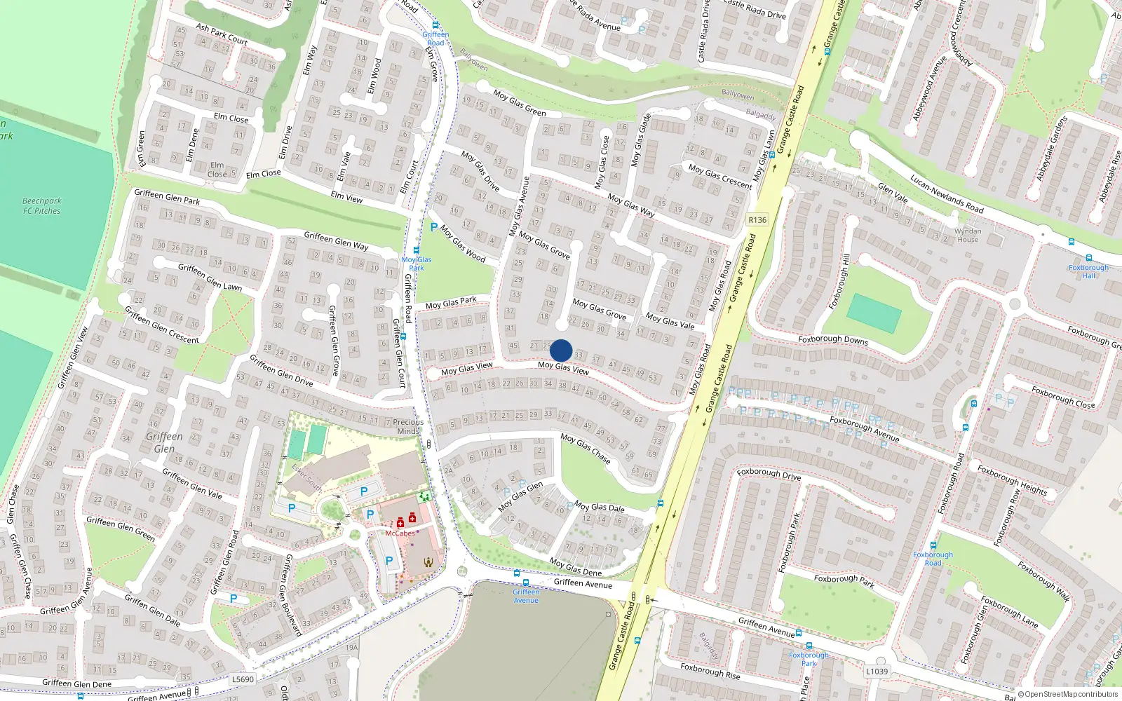 Overhead map showing the location of 29 Moyglas View, Lucan, Dublin