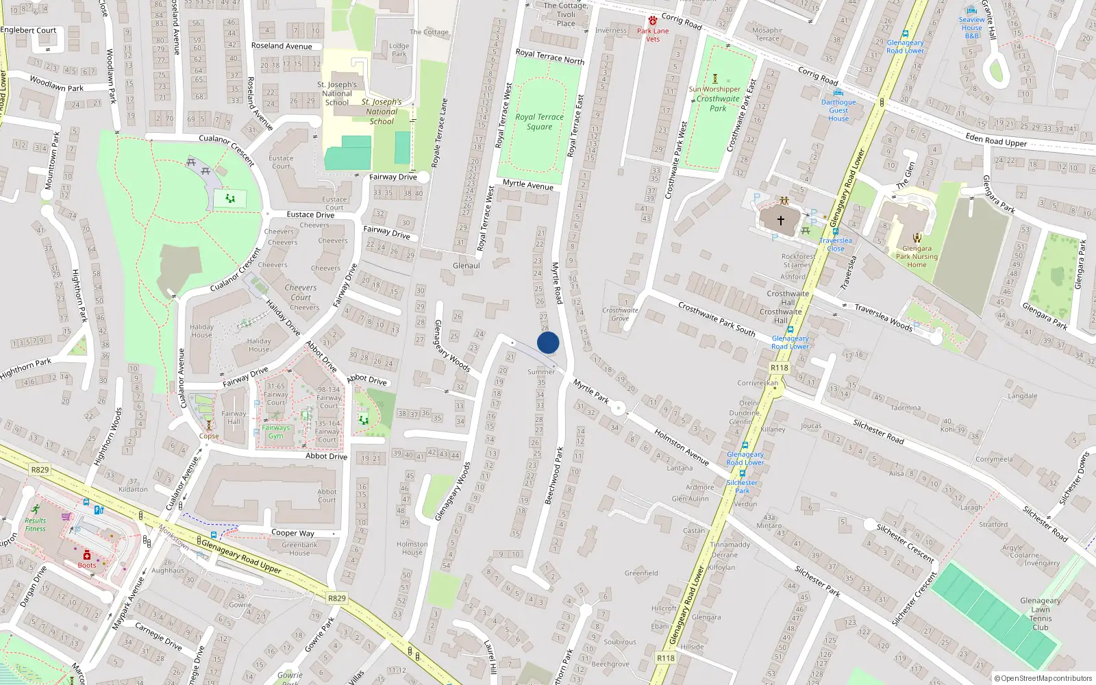 Overhead map showing the location of 29 Myrtle Park, Glenageary, Dublin