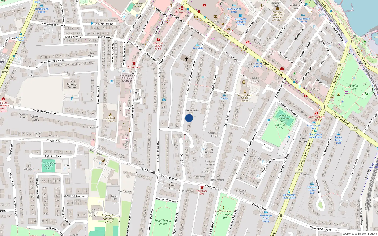 Overhead map showing the location of 29 Northumberland Avenue, Dun Laoghaire, Dublin