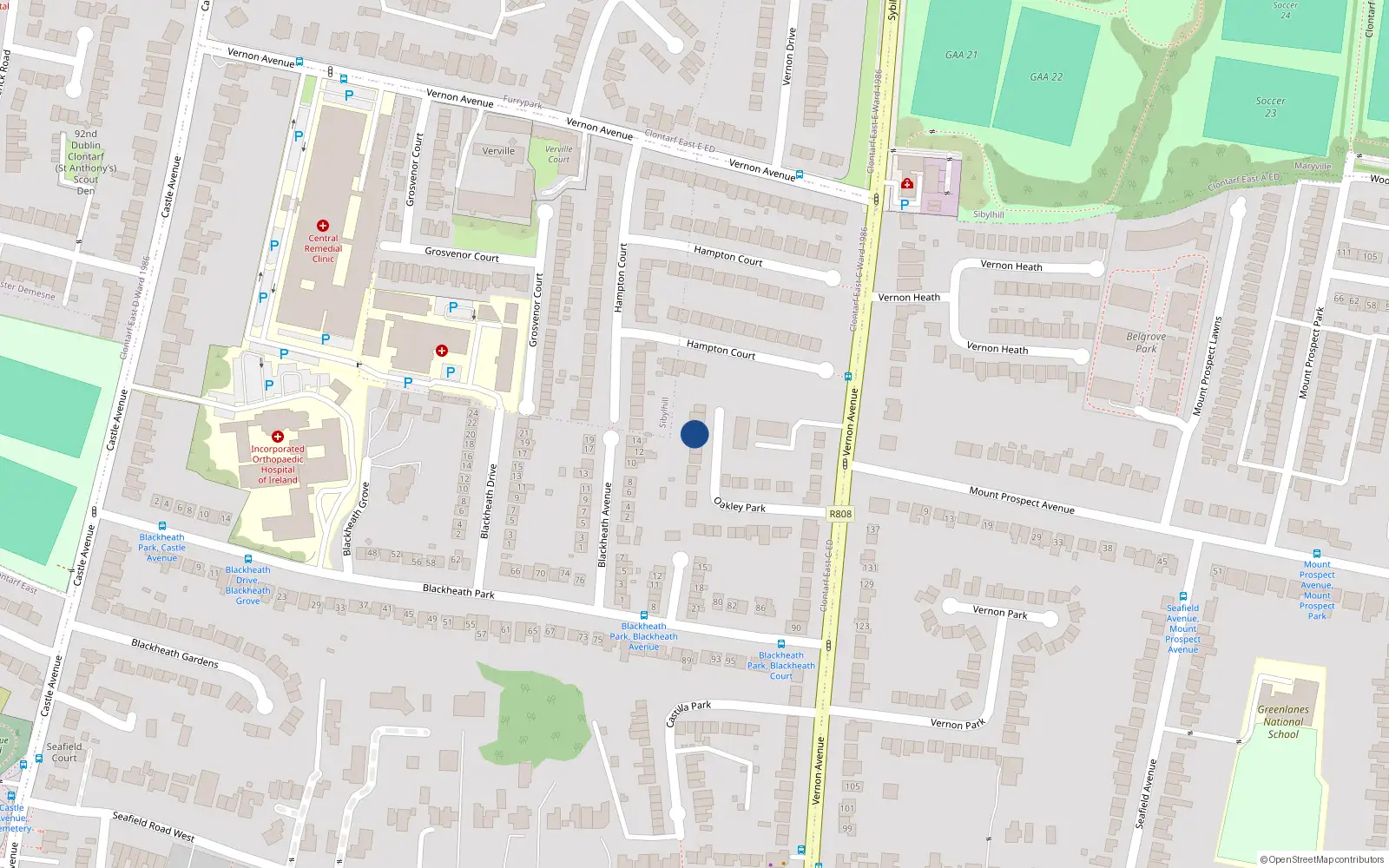Overhead map showing the location of 29 Oakley Park, Dublin 3