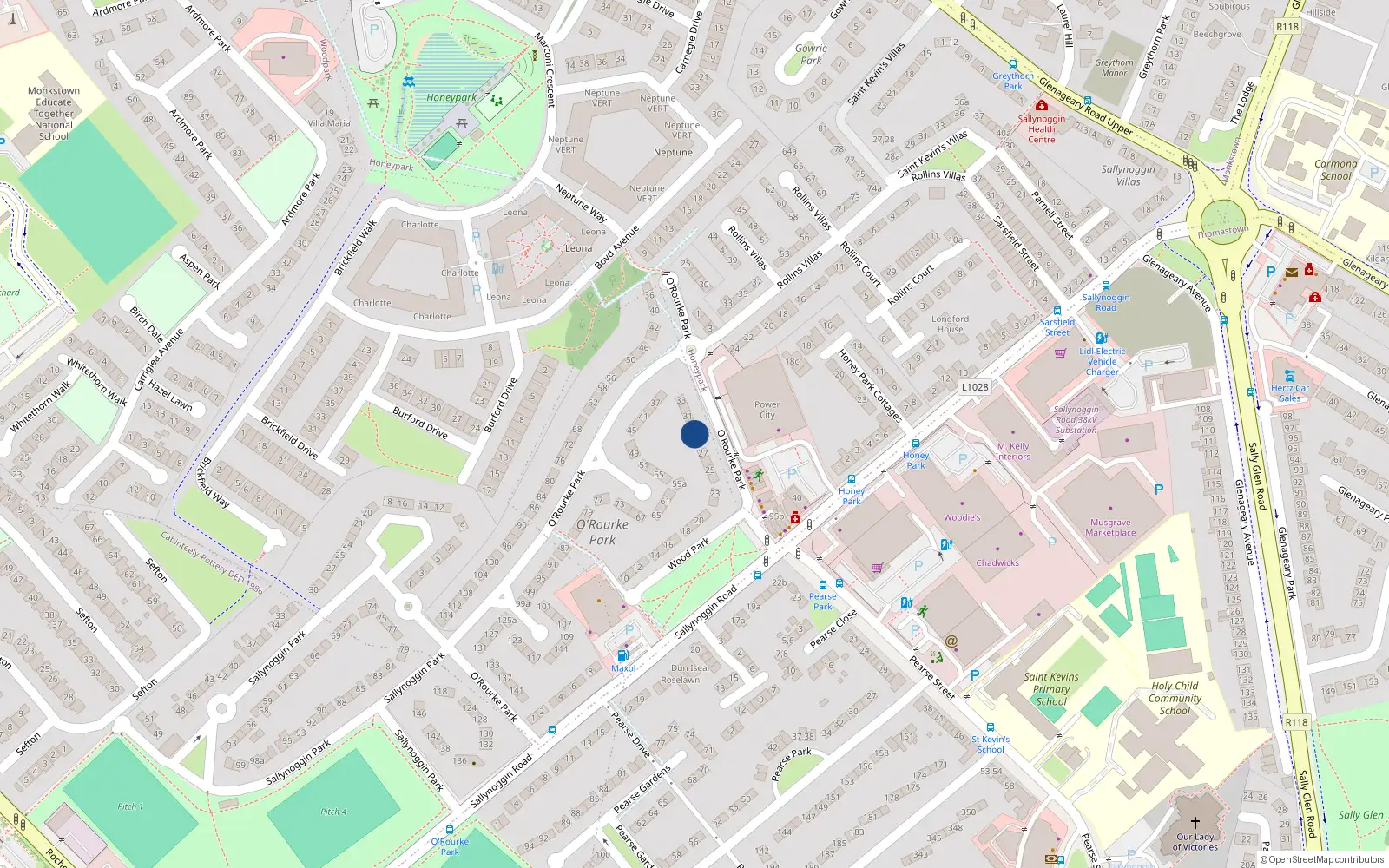 Overhead map showing the location of 29 Orourke Park, Sallynoggin, Dublin