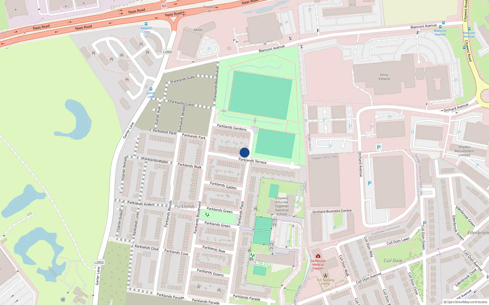 Overhead map showing the location of 29 Parklands Place, Saggart