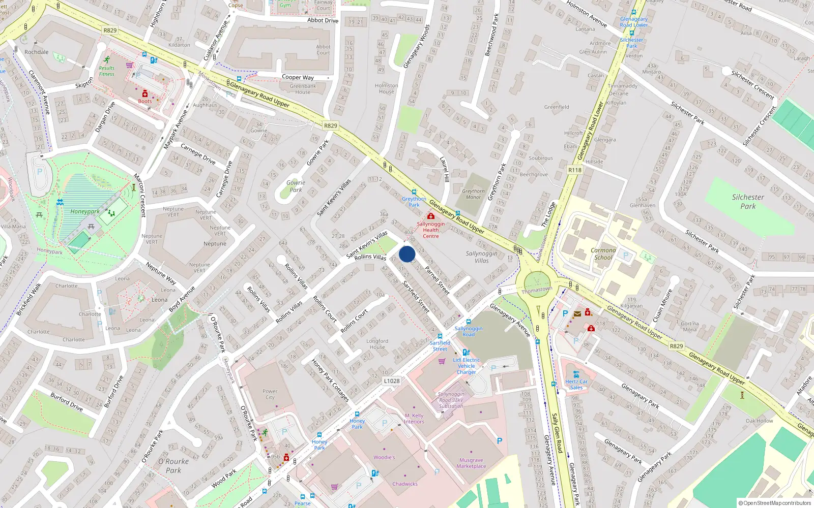 Overhead map showing the location of 29 Parnell St, Sallynoggin, Dublin