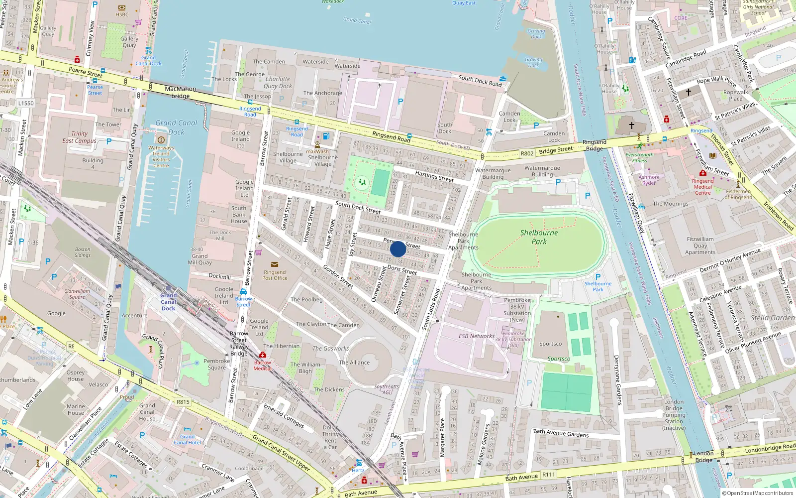 Overhead map showing the location of 29 Penrose Street, Dublin