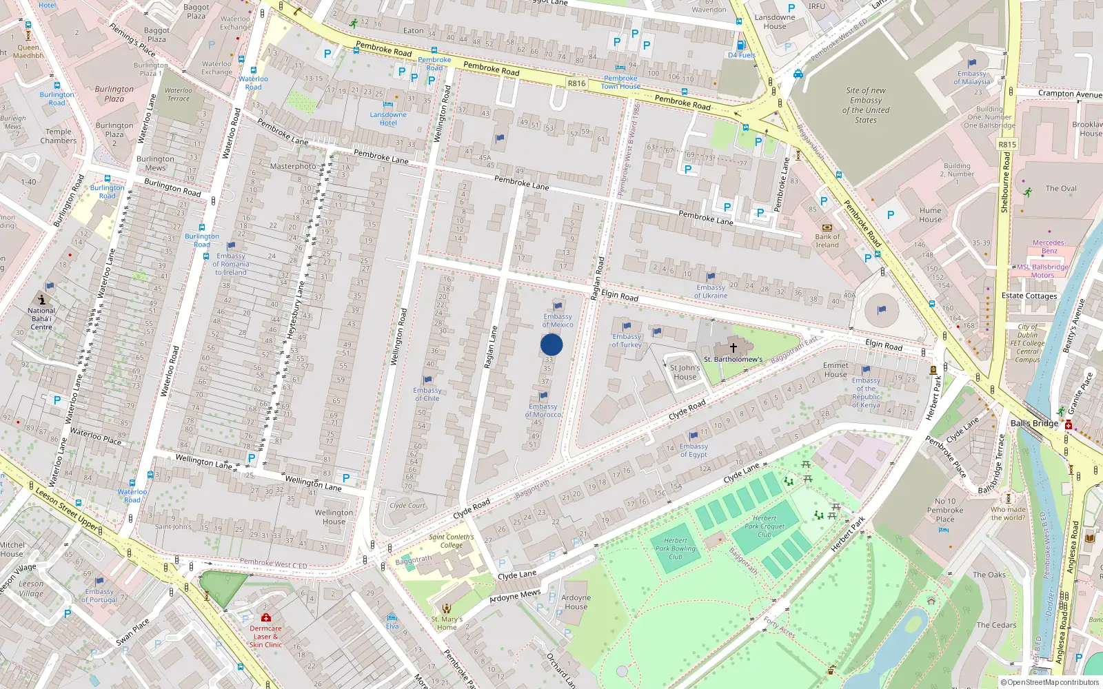 Overhead map showing the location of 29 Raglan Road, Dublin 4