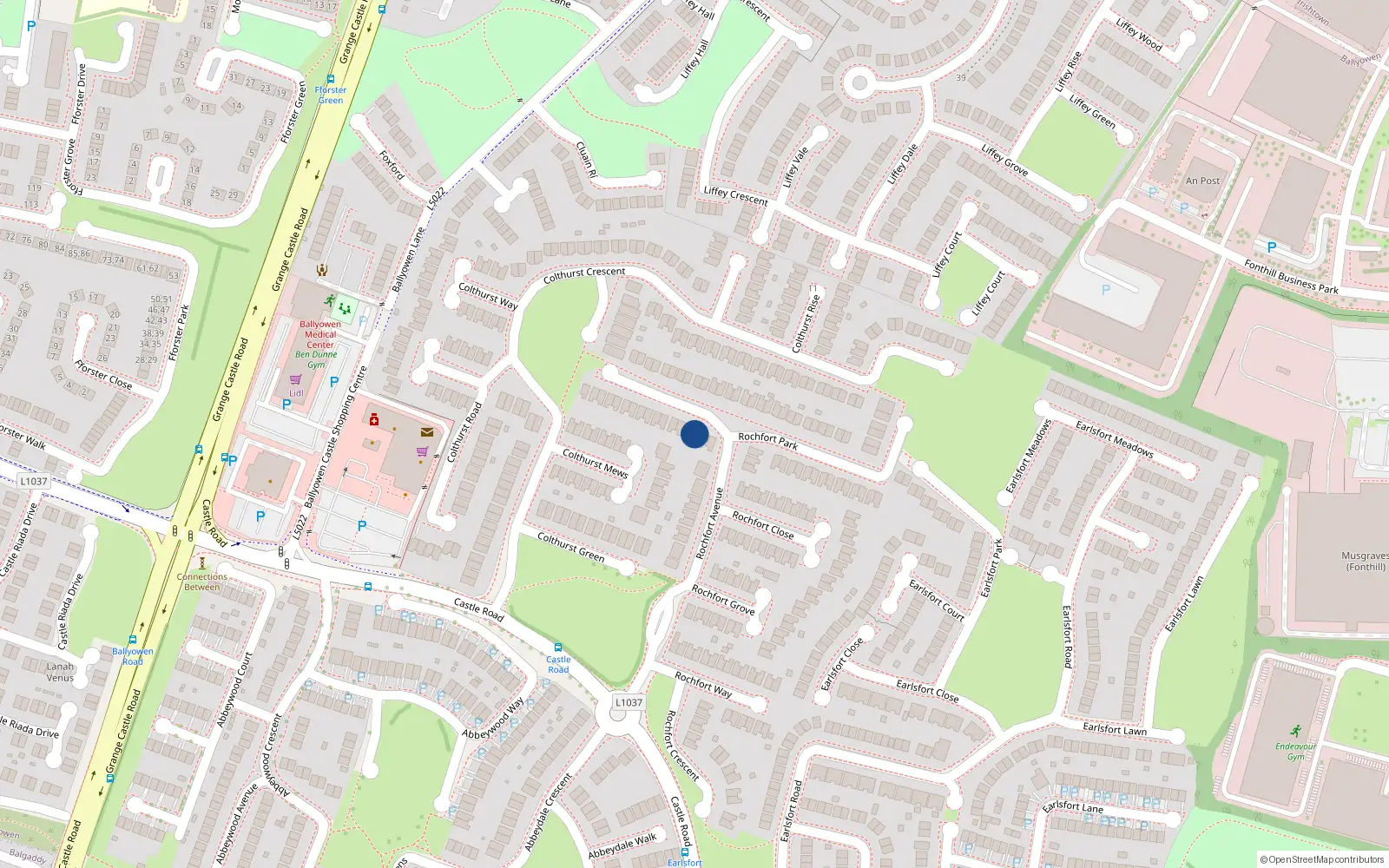 Overhead map showing the location of 29 Rochfort Park, Lucan