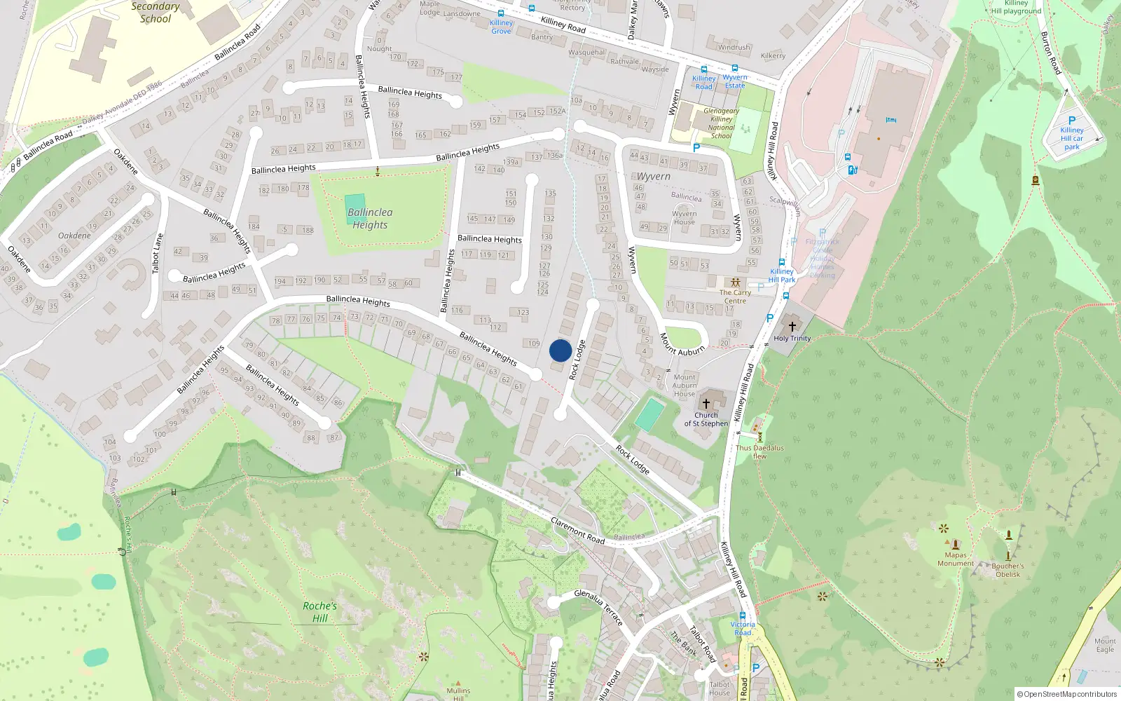 Overhead map showing the location of 29 Rock Lodge, Killiney