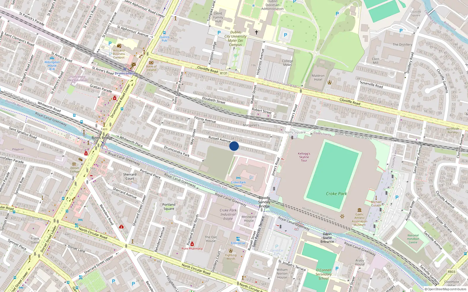 Overhead map showing the location of 29 Russell Avenue, Drumcondra, Dublin 3