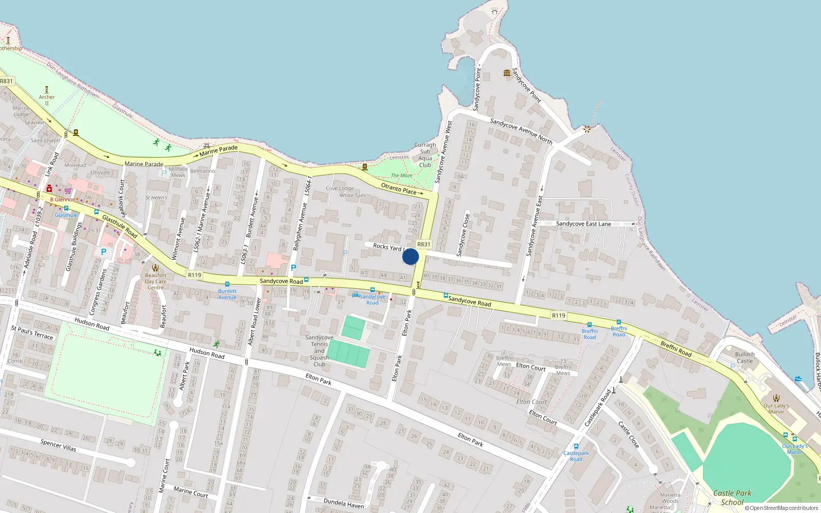 Overhead map showing the location of 29 Sandycove Avenue West, Sandycove, Dublin