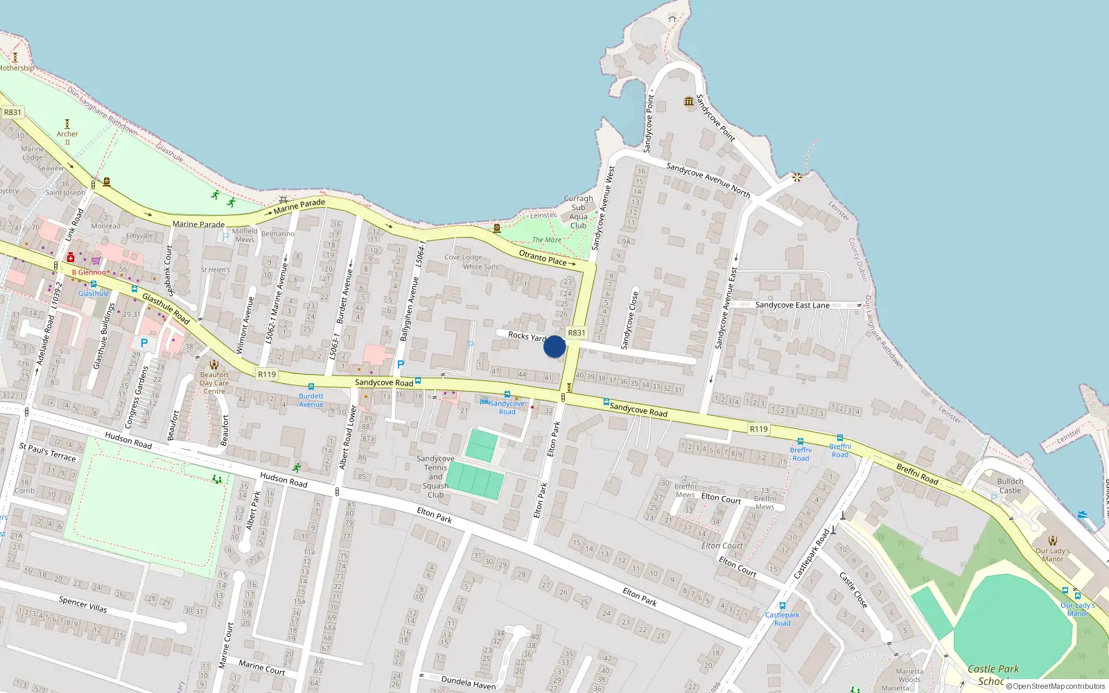 Overhead map showing the location of 29 Sandycove Avenue West, Dublin