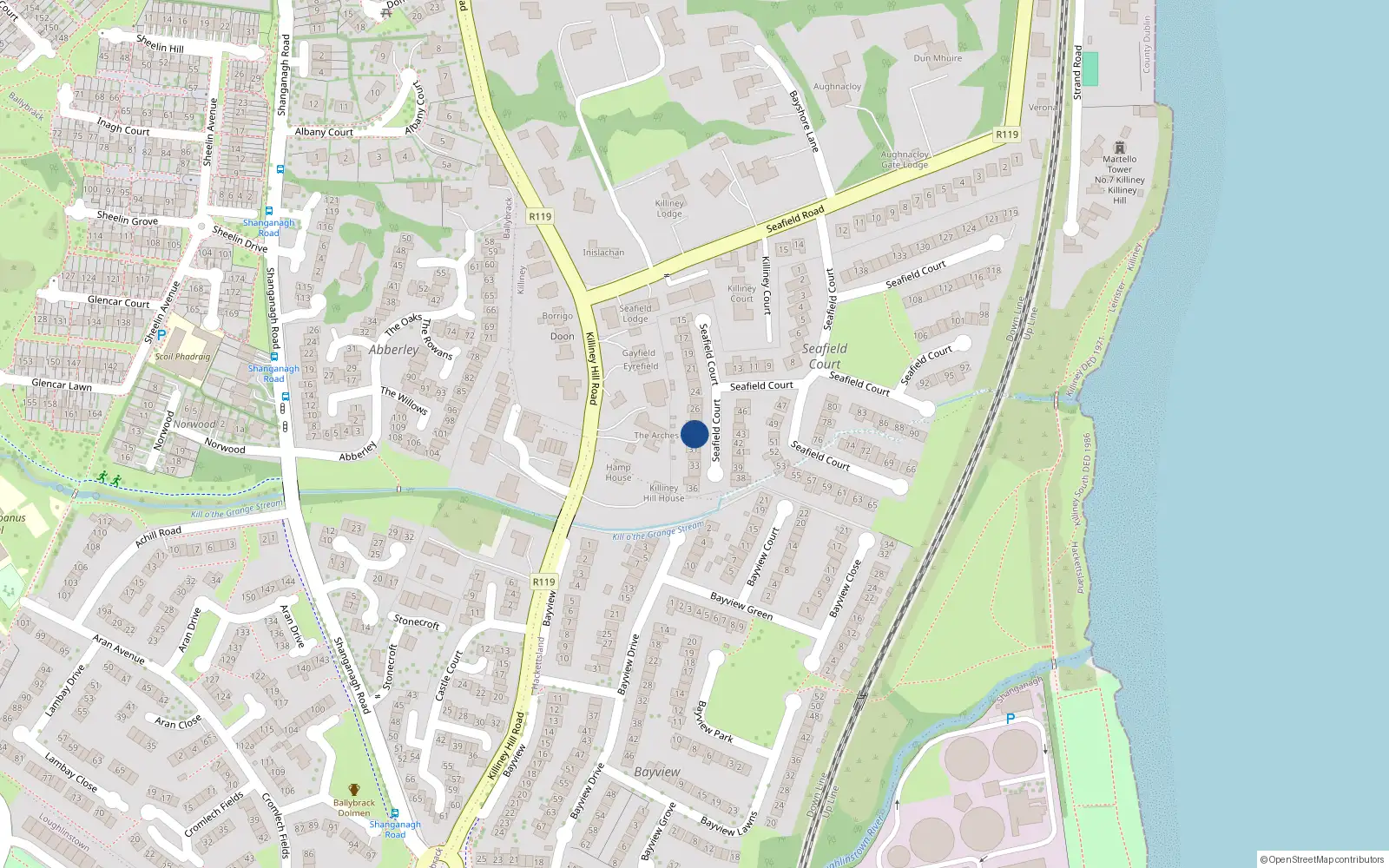 Overhead map showing the location of 29 Seafield Court, Killiney