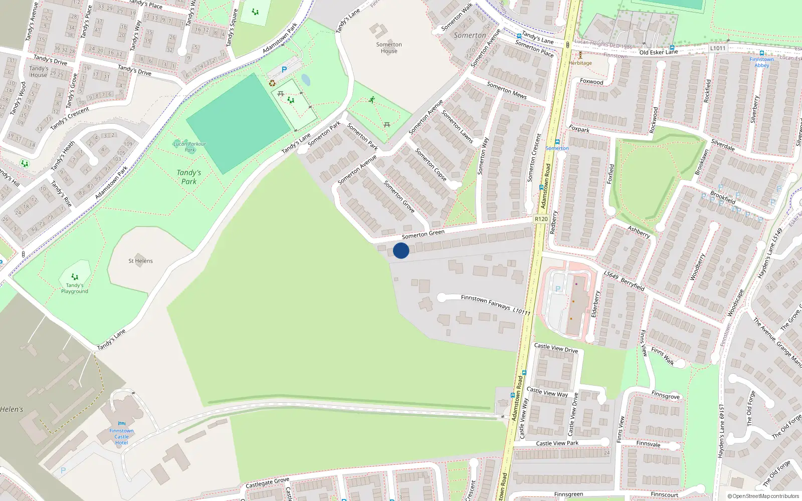 Overhead map showing the location of 29 Somerton Green, Finnstown