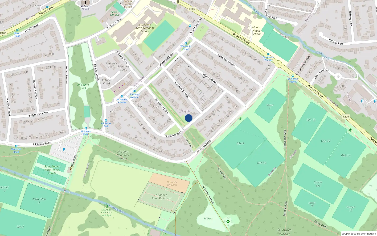 Overhead map showing the location of 29 St Annes Avenue, Raheny, Dublin 5