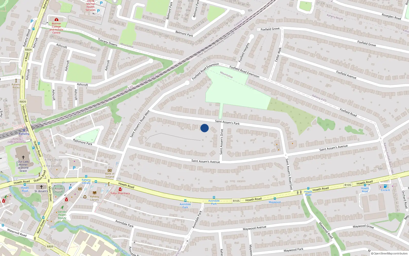 Overhead map showing the location of 29 St Assams Park, Raheny