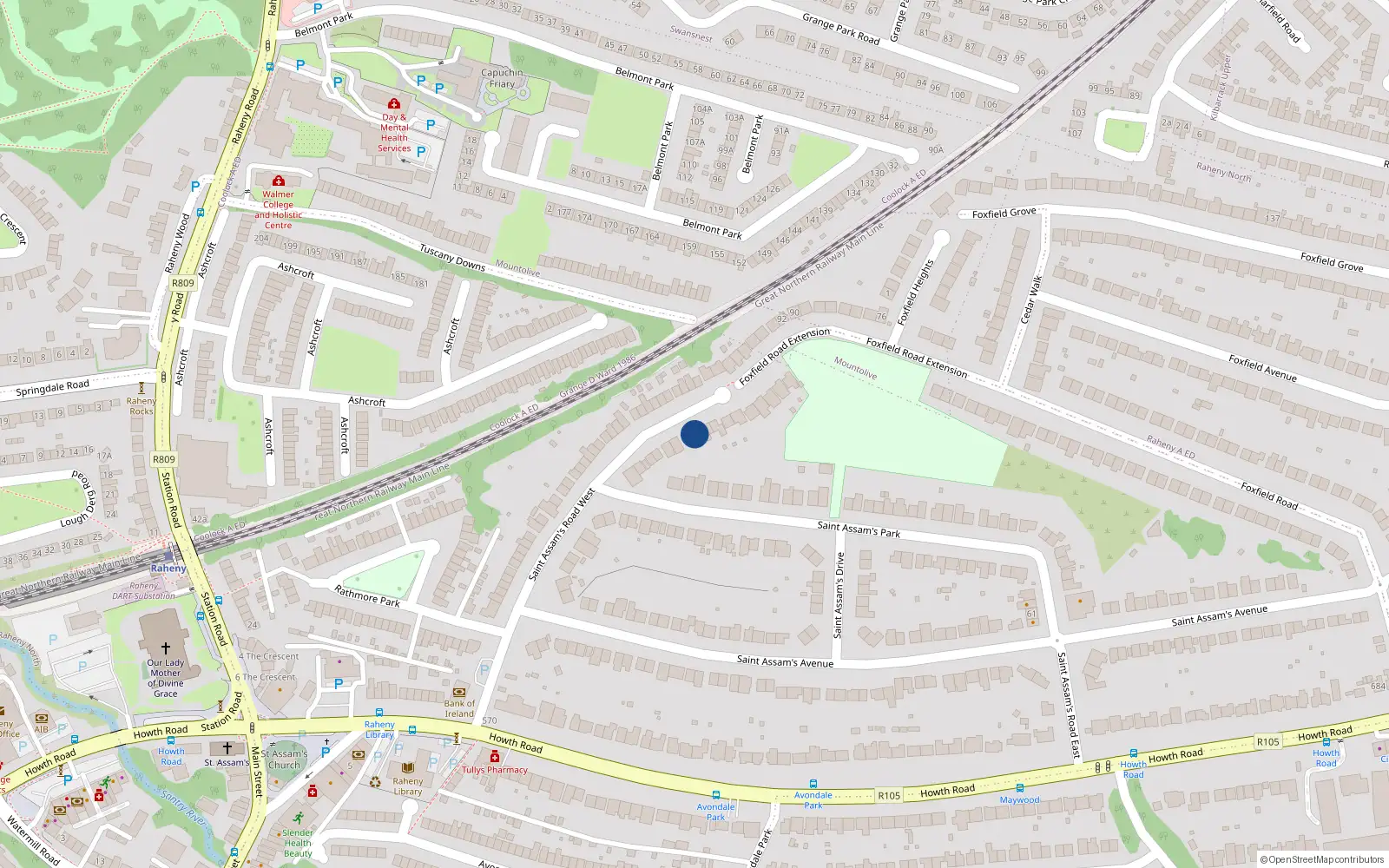 Overhead map showing the location of 29 St Assams Road West, Raheny, Dublin 5