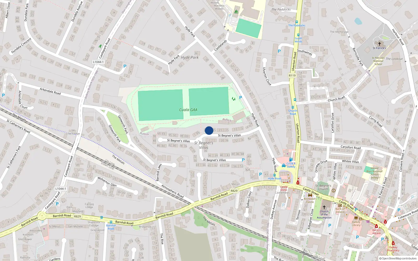 Overhead map showing the location of 29 St Begnets Villas, Dalkey, Dublin