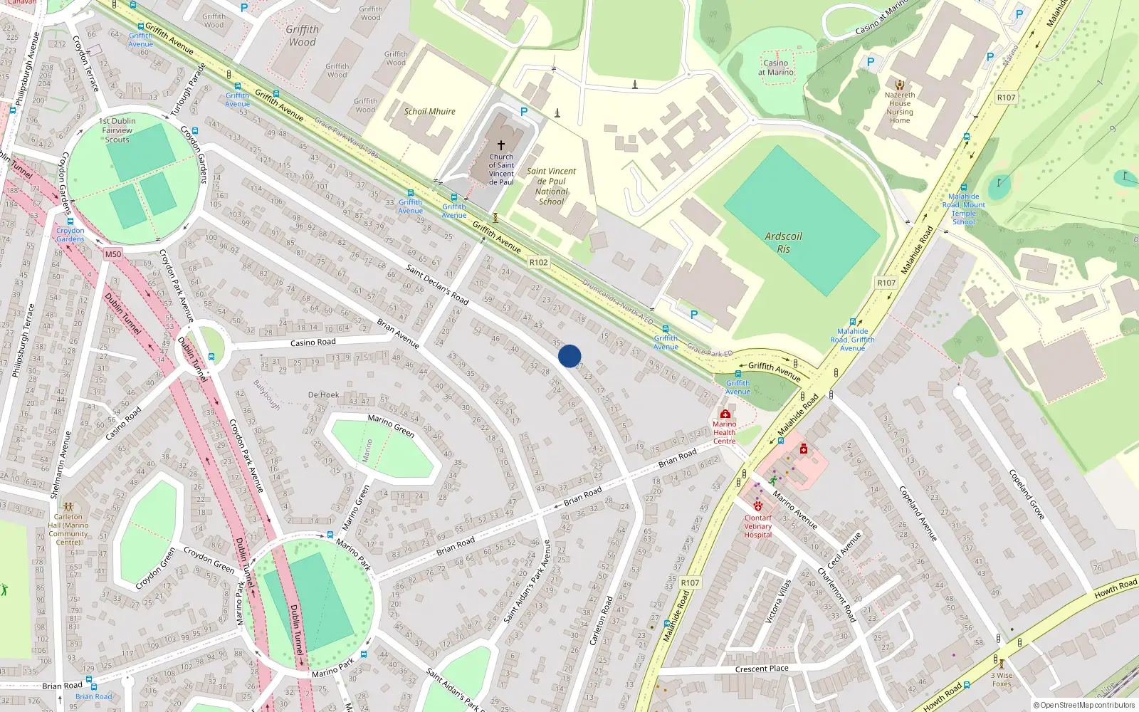 Overhead map showing the location of 29 St Declans Road, Marino, Dublin 3