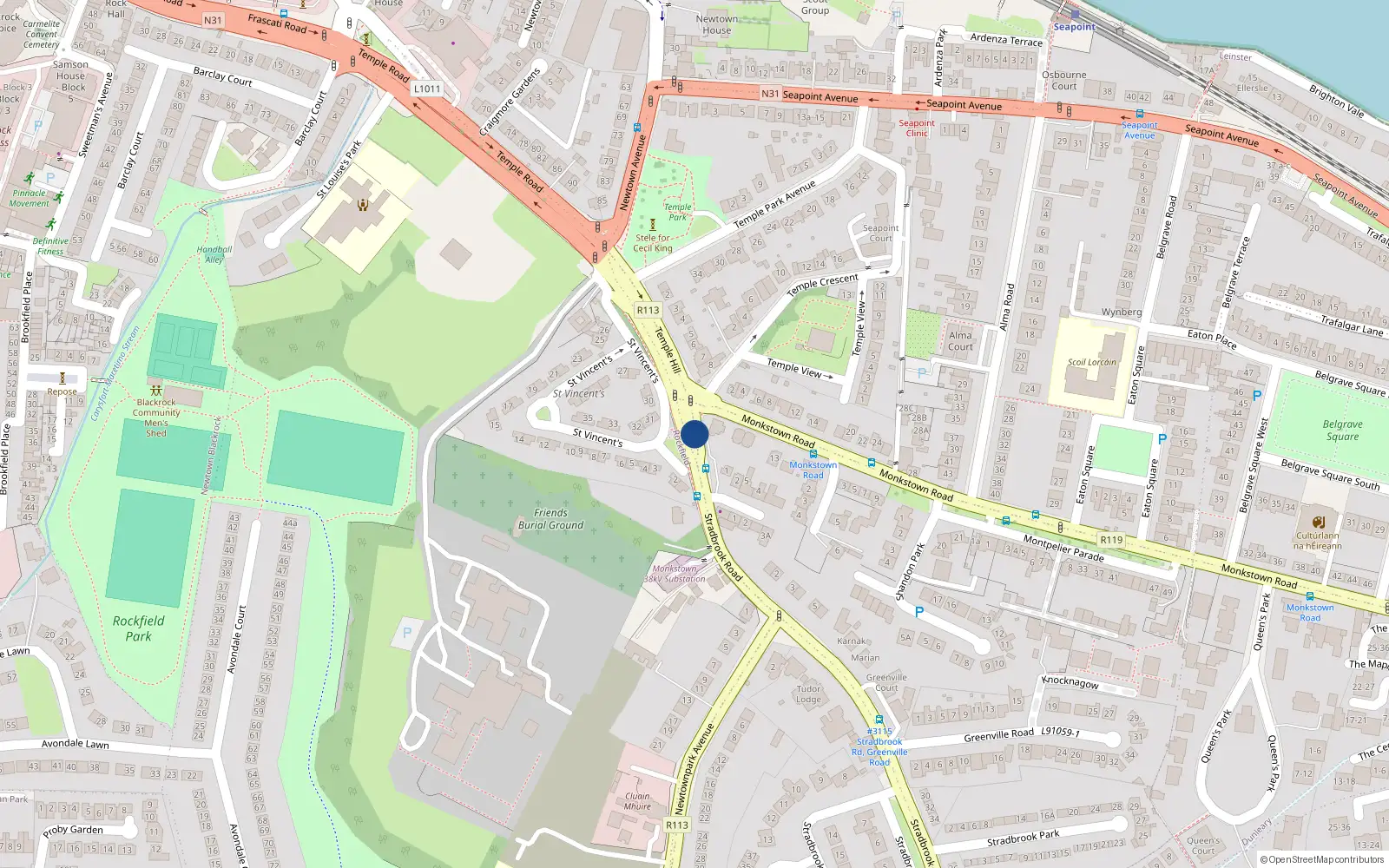 Overhead map showing the location of 29 St Uincents Park, Temple Hill, Blackrock